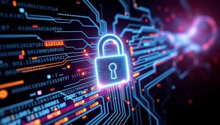 The image depicts an abstract digital illustration of a glowing blue padlock set against a background of circuit board traces and binary data streams, visually representing concepts like cybersecurity, data protection, and network safety