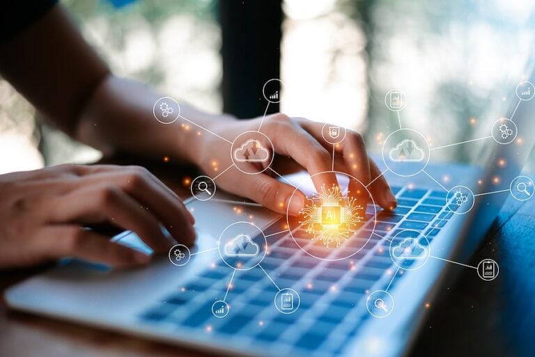 Typing on laptop