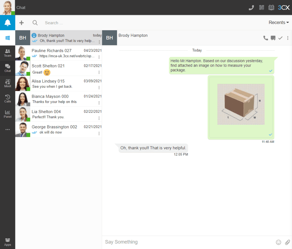 An example of a chat log between a client and a member of a team.