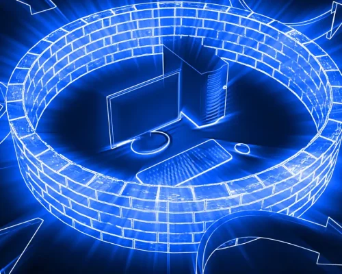 Firewalls graphic concept - brick wall around a computer system